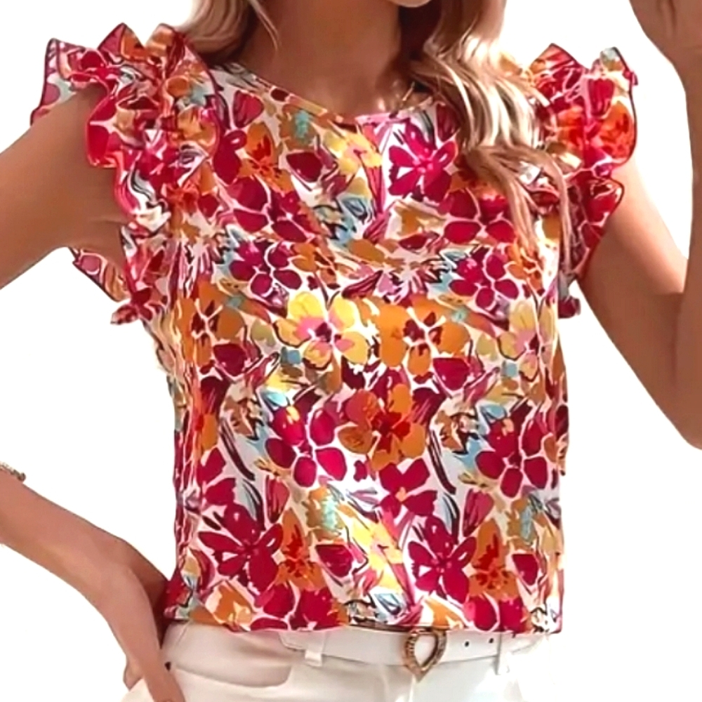 NEW floral cruise vacation blouse with ruffled cap sleeves 100% polyester
